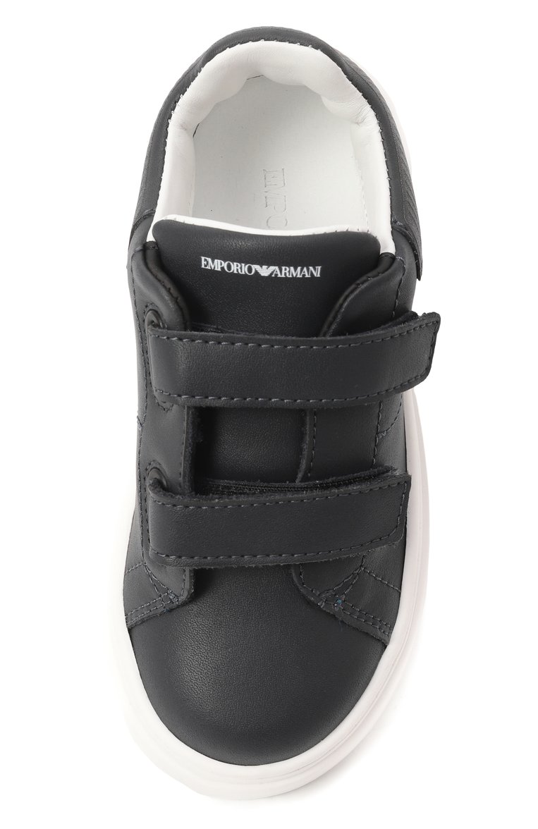 Детские кожаные кеды EMPORIO ARMANI темно-синего цвета, арт. XMX022/XCC76 | Фото 4 (Нос: Не проставлено; Материал внутренний: Натуральная кожа; Материал внешний: Натуральная кожа; Кросс-КТ: велькро; Мальчики Кросс-КТ: Обувь-низкие; Автоматизация состава: Проставлено)