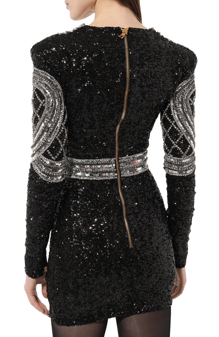 Женское платье с отделкой стразами и пайетками BALMAIN черного цвета, арт. AF0R8550PB82 | Фото 4 (Материал подклада: Шелк; Материал внешний: Синтетический материал; Длина Ж (юбки, платья, шорты): Мини; Рукава: Длинные; Женское Кросс-КТ: Платье-одежда; Стили: Романтичный; Случай: Коктейльный)