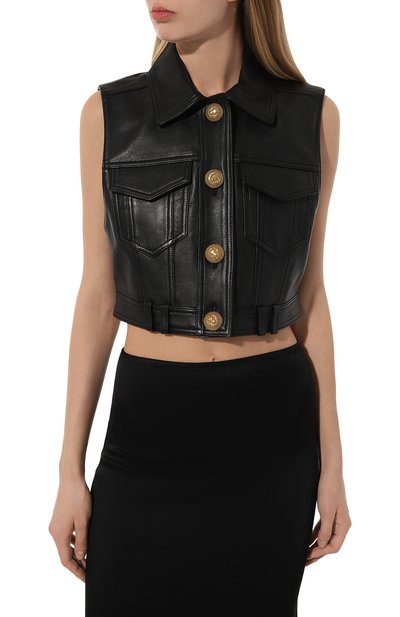 Кожаный жилет BALMAIN черного цвета по цене 250500 руб., арт. AF1SA200LC01, фото 3 Кожаный жилет BALMAIN, арт. AF1SA200LC01, фото 3