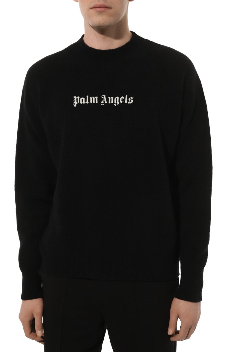 Мужской джемпер из шерсти и кашемира PALM ANGELS черного цвета, арт. PMHE054F23KNI0041001 | Фото 3 (Драгоценные камни: Проставлено; Материал внешний: Шерсть; Рукава: Длинные; Материал сплава: Проставлено; Длина (для топов): Стандартные; Мужское Кросс-КТ: Джемперы; Принт: С принтом; Вырез: Круглый; Стили: Гранж)