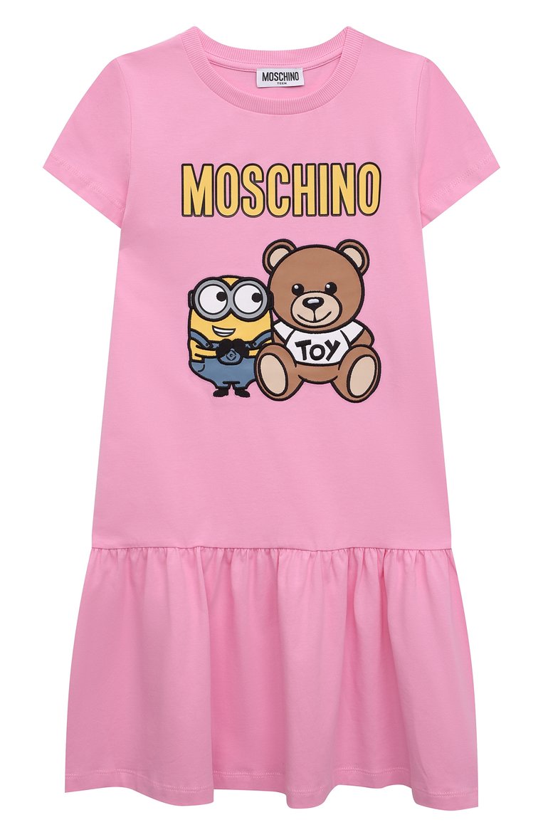 Детское хлопковое платье MOSCHINO розового цве�та, арт. HAV0AH/LBA00/10A-14A | Фото 1 (Рукава: Короткие; Материал внешний: Хлопок; Девочки Кросс-КТ: Платье-одежда; Случай: Повседневный; Региональные ограничения белый список (Axapta Mercury): Не проставлено; Ростовка одежда: 10 - 11 лет | 140 - 146см, 12 лет | 152 см)