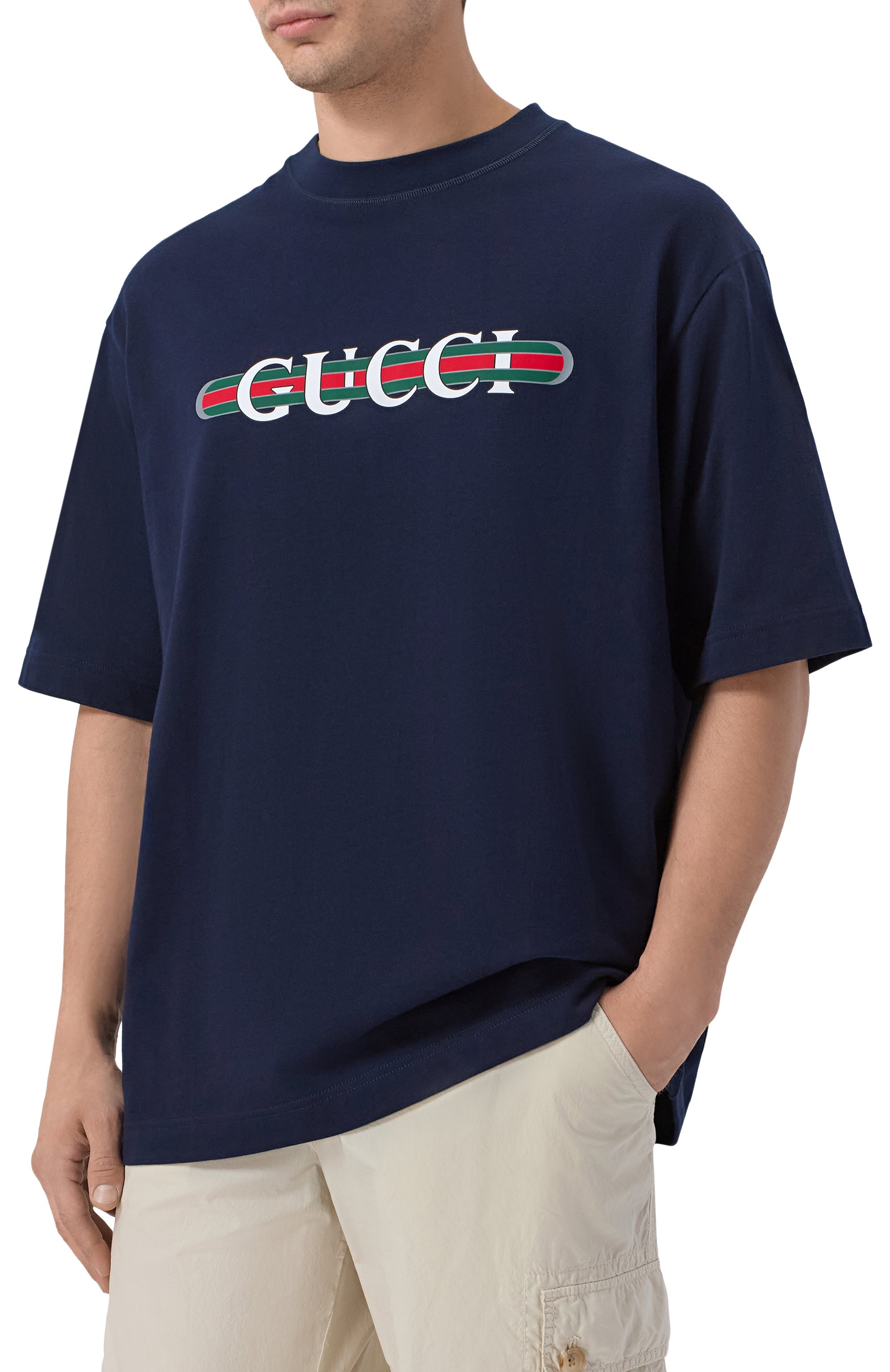 Хлопковая футболка GUCCI темно-синего цвета по цене 69450 руб., арт. 784361/XJGTE, фото 3 Хлопковая футболка GUCCI, арт. 784361/XJGTE, фото 3