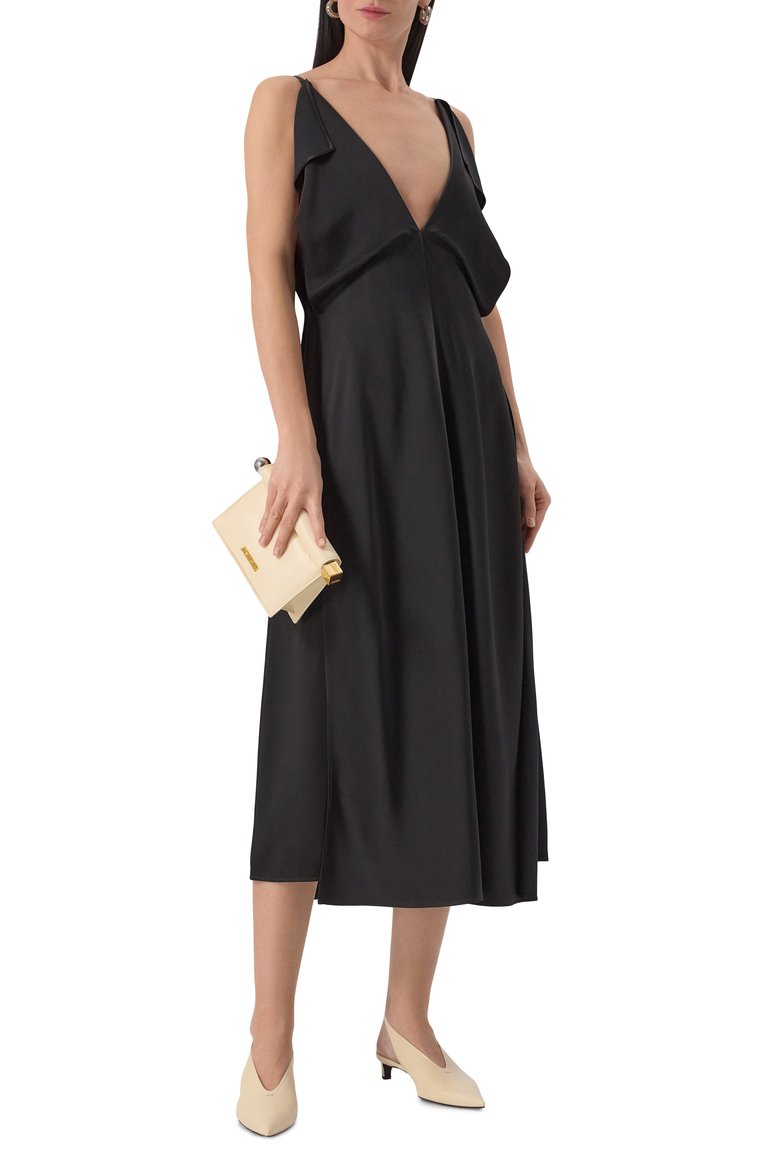 Женское атласное платье JIL SANDER черного цвета, арт. J02CT0469-J76018 | Фото 2 (Длина Ж (юбки, платья, шорты): Миди; Стили: Минимализм; Случай: Повседневный; Женское Кросс-КТ: Платье-одежда; Материал внешний: Синтетический материал; Автоматизация состава: Проставлено; Автоматизация ТО: Проставлено; Рукава: На бретелях)