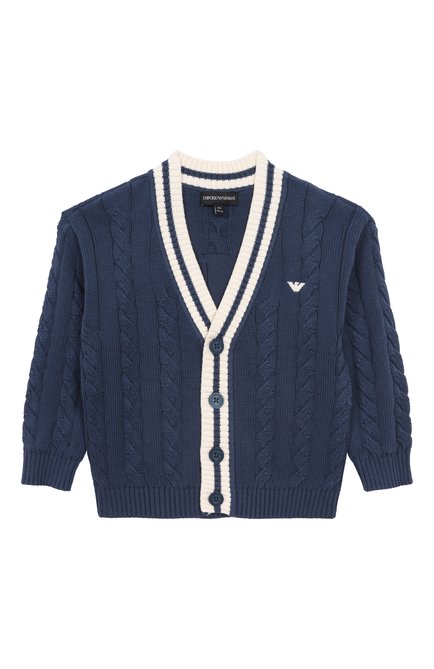 Детский хлопковый кардиган EMPORIO ARMANI темно-синего цвета, арт. EB000296/AF13945 | Фото 1 (Рукава: Длинные; Материал сплава: Проставлено; Драгоценные камни: Проставлено; Материал внешний: Хлопок)