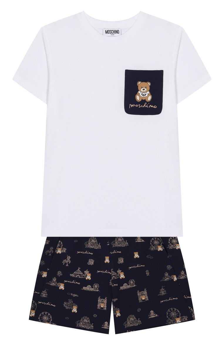 Детского комплект из футболки и шорт MOSCHINO темно-синего цвета, арт. HUG00P/LCB60/10-14 | Фото 1 (Материал внешний: Хлопок; Рукава: Короткие; Мальчики Кросс-КТ: Костюмы-спорт; Тематический товар: Teddy Bear; Автоматизация состава: Проставлено; Автоматизация ТО: Проставлено; Ростовка одежда: 10 - 11 лет | 140 - 146см, 12 лет | 152 см)