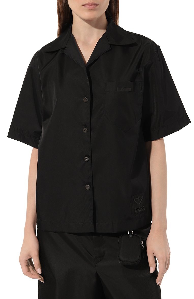 Женская рубашка PRADA черного цвета, арт. 240691-1YFL-F0002-202 | Фото 3 (Рукава: 3/4; Длина (для топов): Стандартные; Материал внешний: Синтетический материал; Стили: Кэжуэл; Принт: Без принта; Женское Кросс-КТ: Рубашка-одежда)