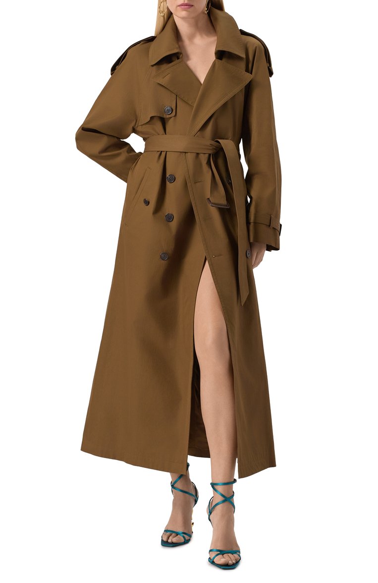Женский хлопковый тренч SAINT LAURENT коричневого цвета, арт. 812414/Y3A99 | Фото 2 (Автоматизация ТО: Проставлено; Материал подклада: Шелк; Рукава: Длинные; Автоматизация состава: Проставлено; Материал внешний: Хлопок; Длина (верхняя одежда): Длинные; Кросс-КТ: Куртка; Стили: Кэжуэл)
