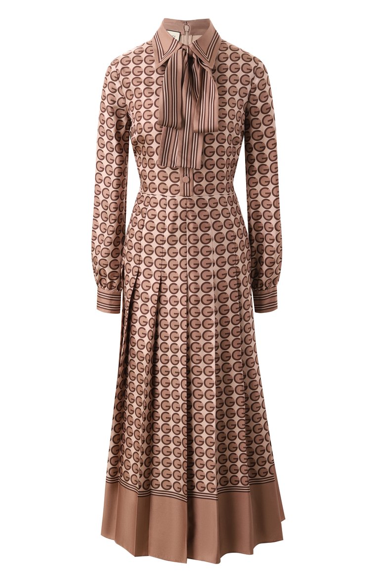Женское шелковое платье GUCCI бежевого цвета, арт. 715616/ZAKVJ | Фото 1 (Рукава: Длинные; Длина Ж (юбки, платья, шорты): Миди; Материал внешний: Шелк; Женское Кросс-КТ: Платье-одежда; Случай: Повседневный; Стили: Романтичный)