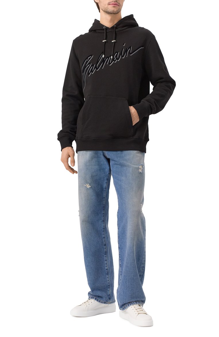 Мужской хлопковое худи BALMAIN черного цвета, арт. EH1JT047/BC86 | Фото 2 (Рукава: Длинные; Длина (для топов): Стандартные; Материал сплава: Проставлено; Драгоценные камни: Проставлено; Принт: С принтом; Мужское Кросс-КТ: Худи-одежда; Стили: Спорт-шик; Материал внешний: Хлопок)
