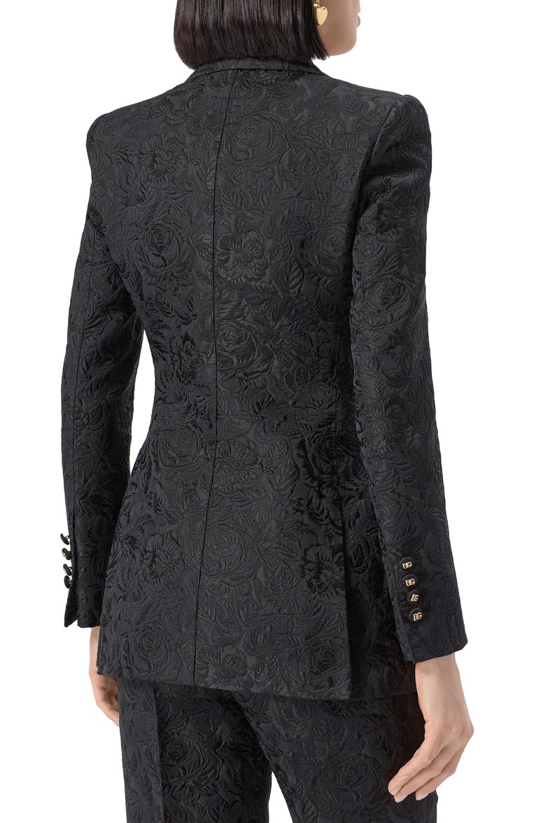 Женский жакет из хлопка и шелка DOLCE & GABBANA черного цвета, арт. F29UCT/GDCSS | Фото 4 (Рукава: Длинные; Длина (для топов): Стандартные; Материал внешний: Хлопок, Синтетический материал; Женское Кросс-КТ: Жакет-одежда; 1-2-бортные: Однобортные; Случай: Вечерний; Кросс-КТ: костюм; Стили: Классический; Материал подклада: Синтетический материал; Автоматизация ТО: Проставлено; Автоматизация состава: Проставлено; Размерность: Идёт в размер; Re-sync: On)