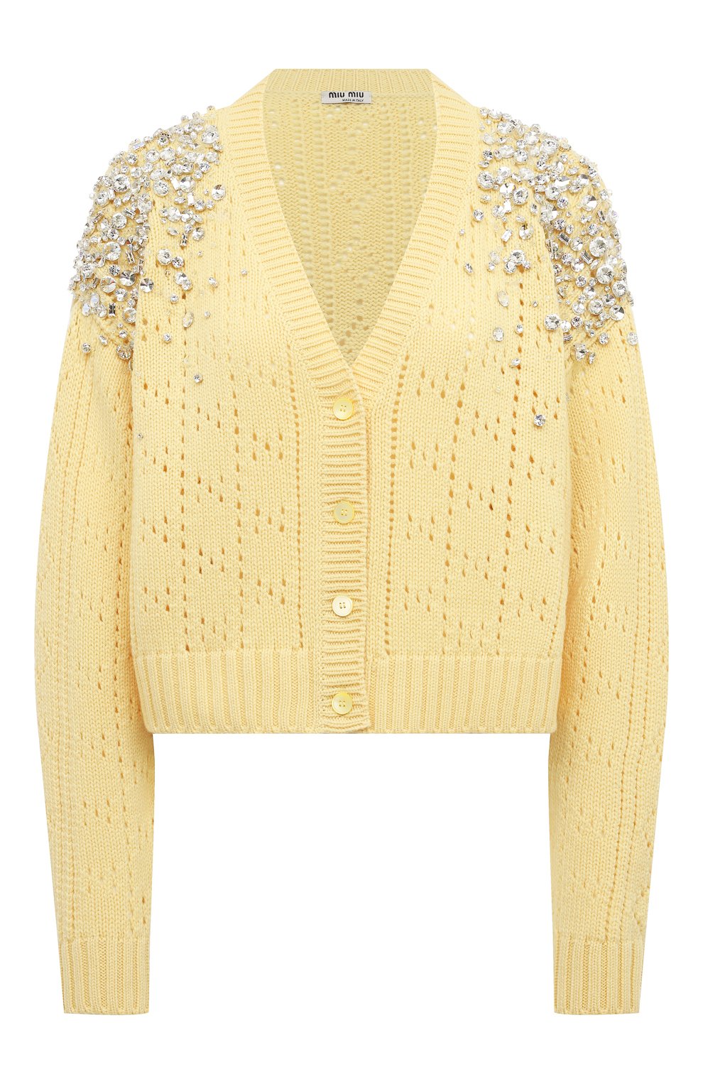Кашемировый кардиган MIU MIU желтого цвета по цене 275000 руб., арт. MMF588-10XK-F0061, фото 1 Кашемировый кардиган MIU MIU, арт. MMF588-10XK-F0061, фото 1