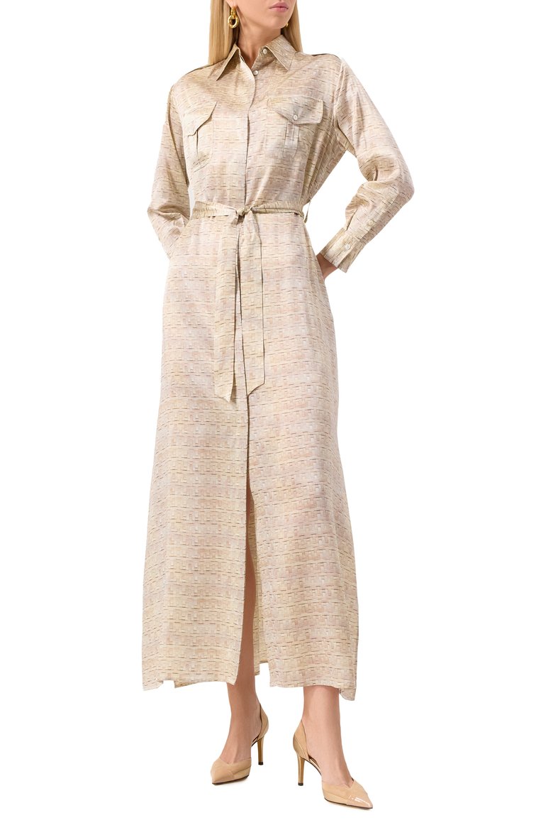 Женское атласное платье KITON бежевого цвета, арт. D47321K0926E04 | Фото 2 (Рукава: Длинные; Длина Ж (юбки, платья, шорты): Макси; Материал внешний: Шелк; Случай: Повседневный; Стили: Кэжуэл; Женское Кросс-КТ: Платье-одежда)