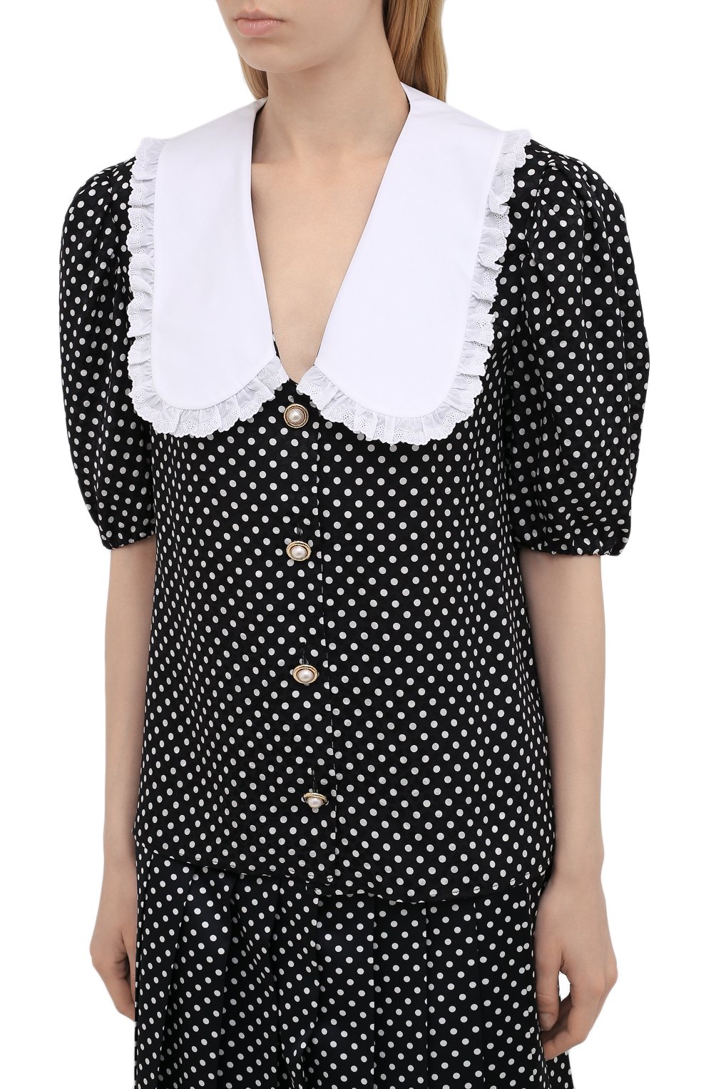 Шелковая блузка MIU MIU черно-белого цвета по цене 99000 руб., арт. MK1579-X9H-F0967, фото 3 Шелковая блузка MIU MIU, арт. MK1579-X9H-F0967, фото 3