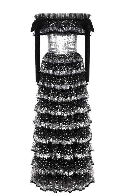 Приталенное платье-макси с оборками и пайетками VALENTINO, арт. QB2VD7P01ED, фото 1