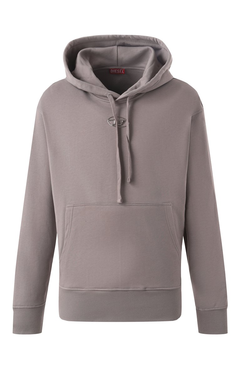 Мужской хлопковое худи DIESEL серого цвета, арт. A09856/0BMBJ | Фото 1 (Длина (для топов): Стандартные; Рукава: Длинные; Принт: Без принта; Мужское Кросс-КТ: Худи-одежда; Стили: Спорт-шик; Материал внешний: Хлопок)