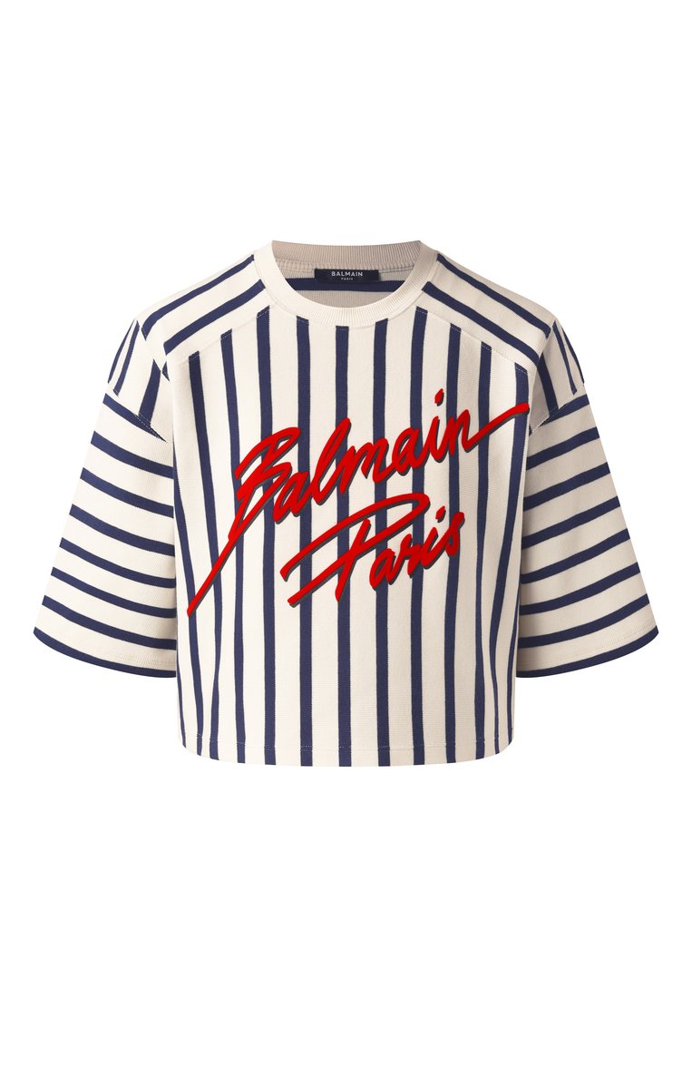 Женская хлопковая футболка BALMAIN кремового цвета, арт. EF1EE080/BC95 | Фото 1 (Длина (для топов): Укороченные; Стили: Кэжуэл; Принт: С принтом; Рукава: Короткие; Материал внешний: Хлопок; Автоматизация состава: Проставлено; Автоматизация ТО: Проставлено)
