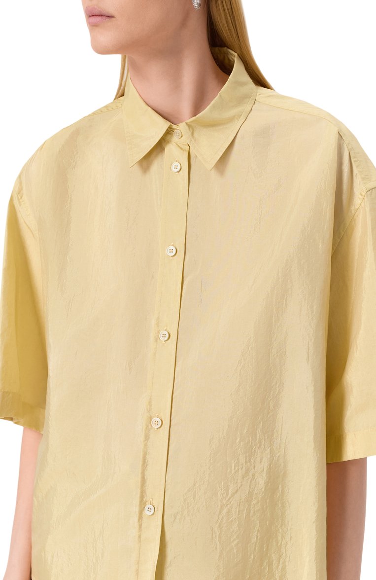 Женская рубашка JIL SANDER желтого цвета, арт. J40DL0167/J70003 | Фото 5 (Длина (для топов): Стандартные; Материал внешний: Синтетический материал, Шелк; Рукава: Короткие; Стили: Кэжуэл; Принт: Без принта; Кросс-КТ: костюм; Женское Кросс-КТ: Рубашка-одежда; Автоматизация ТО: Проставлено; Автоматизация состава: Проставлено)
