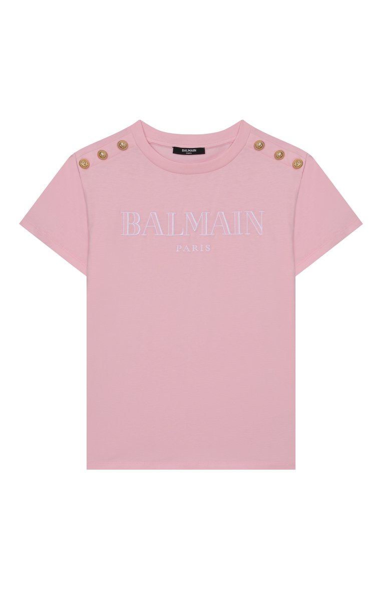 Детская хлопковая футболка BALMAIN светло-розового цвета, арт. BW8A21 | Фото 1 (Рукава: Короткие; Материал внешний: Хлопок; Девочки Кросс-КТ: футболка-одежда; Ростовка одежда: 12 лет | 152 см, 13 - 15 лет | 158 см, 16 лет | 164 см, 6 лет | 116 см, 8 лет | 128 см, 10 - 11 лет | 140 - 146см)