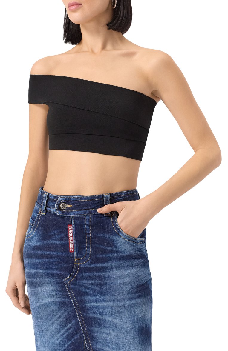 Женский хлопковый топ DSQUARED2 черного цвета, арт. S72HA1239/D13126 | Фото 3 (Длина (для топов): Укороченные; Материал внешний: Хлопок, Синтетический материал; Рукава: С открытыми плечами; Стили: Кэжуэл)