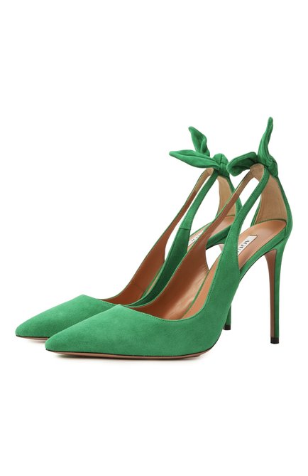 Женские замшевые туфли bow tie 105 AQUAZZURA зеленого цвета, арт. DENHIGP0-SUE-F00 | Фото 1 (Каблук высота: Высокий; Материал внутренний: Натуральная кожа; Подошва: Плоская; Материал внешний: Натуральная кожа; Материал сплава: Проставлено; Драгоценные камни: Проставлено)