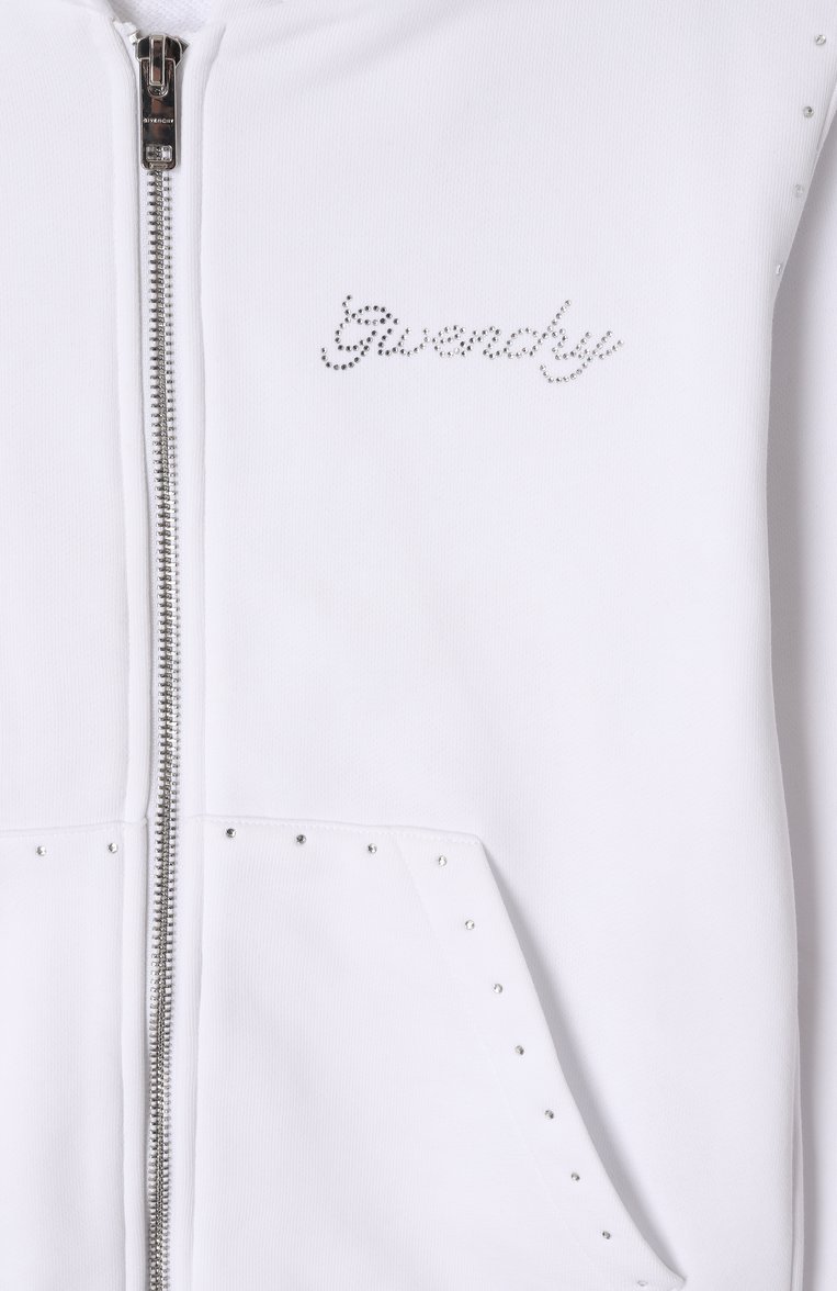 Детский хлопковая толстовка GIVENCHY белого цвета, арт. H30772 | Фото 3 (Рукава: Длинные; Драгоценные камни: Проставлено; Материал сплава: Проставлено; Материал подклада: Хлопок; Девочки Кросс-КТ: Толстовка-спорт, Толстовка-одежда; Материал внешний: Хлопок; Ростовка одежда: 5 лет | 110 см, 13 - 15 лет | 158 см, 9 лет | 134 см, 7 лет | 122 см, 12 лет | 152 см)
