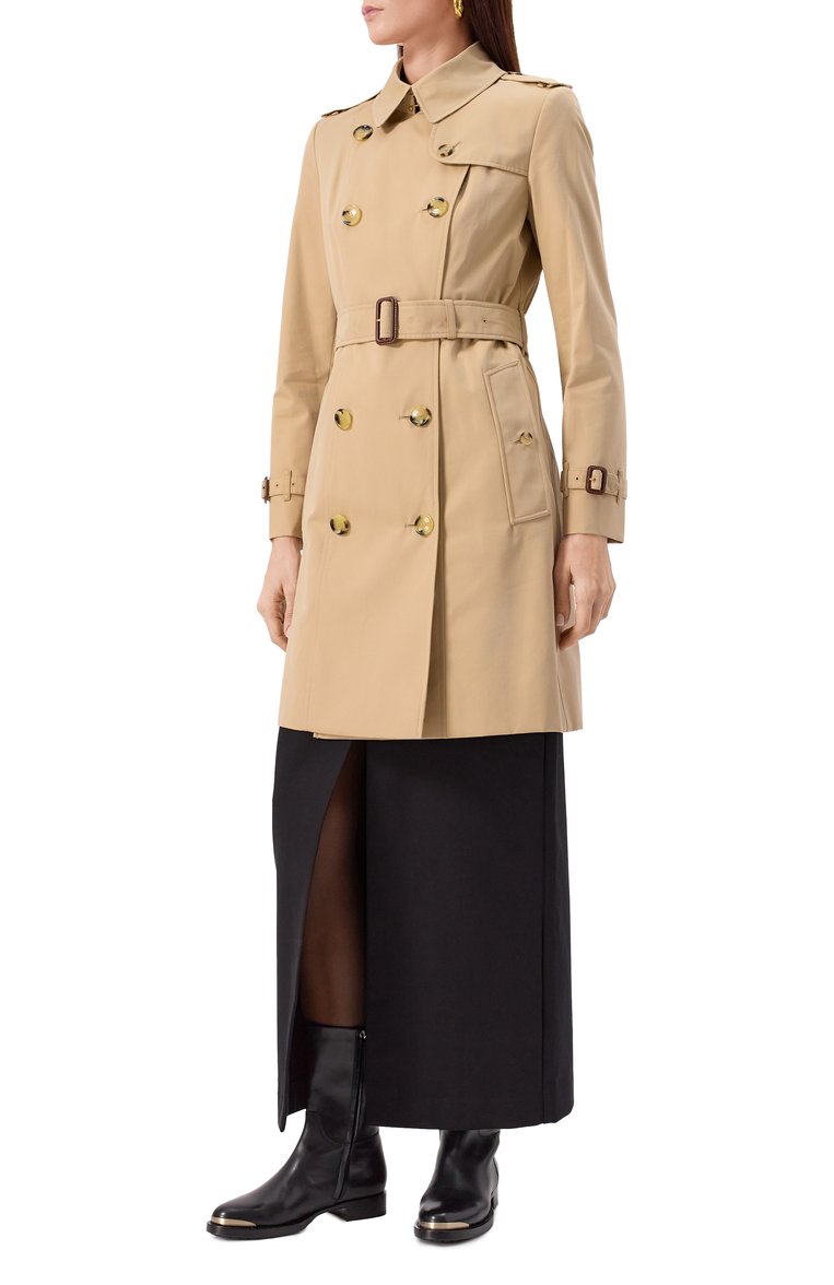 Женский хлопковый тренч BURBERRY бежевого цвета, арт. 8079404 | Фото 3 (Материал внешний: Хлопок; Длина (верхняя одежда): До середины бедра; Материал подклада: Хлопок; Рукава: Длинные; Стили: Кэжуэл; Кросс-КТ: Куртка; Автоматизация ТО: Проставлено; Автоматизация состава: Проставлено)