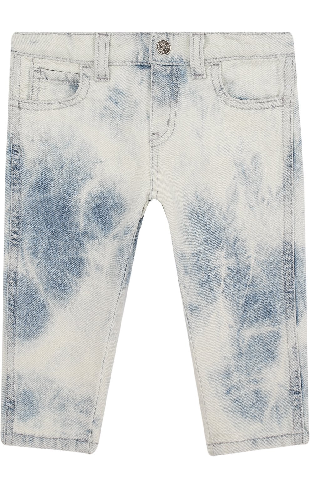 Джинсы с декоративными потертостями и контрастным принтом GUCCI синего цвета по цене 25650 руб., арт. 499896/XD718, фото 1 Джинсы с декоративными потертостями и контрастным принтом GUCCI, арт. 499896/XD718, фото 1