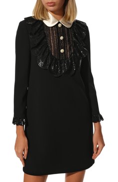 Женское платье MIU MIU черного цвета, арт. MF3807-1XDV-F0002 | Фото 3 (Длина Ж (юбки, платья, шорты): Мини; Материал внешний: Синтетический материал; Рукава: Длинные; Женское Кросс-КТ: Платье-одежда; Стили: Классический; Случай: Формальный; Драгоценные камни: Проставлено; Материал сплава: Проставлено)