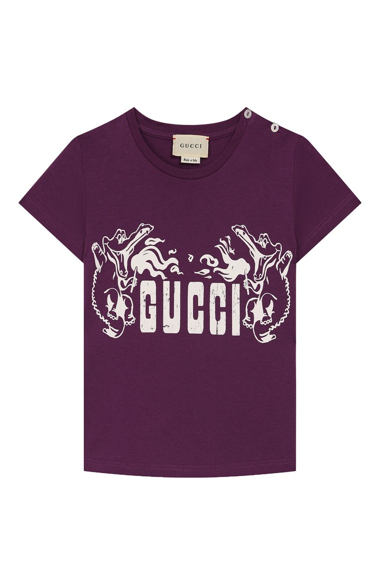 Детский хлопковая футболка GUCCI фиолетового цвета, арт. 548034/XJB6F | Фото 1 (Материал внешний: Хлопок; Материал сплава: Проставлено; Нос: Не проставлено; Кросс-КТ НВ: Футболка; Ростовка одежда: 18 мес | 86 см, 3 года | 98 см)