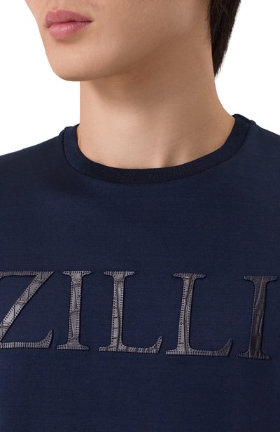 Футболка с отделкой из кожи аллигатора ZILLI темно-синего цвета по цене 191000 руб., арт. TSR02AM1173VZL001, фото 5 Футболка с отделкой из кожи аллигатора ZILLI, арт. TSR02AM1173VZL001, фото 5