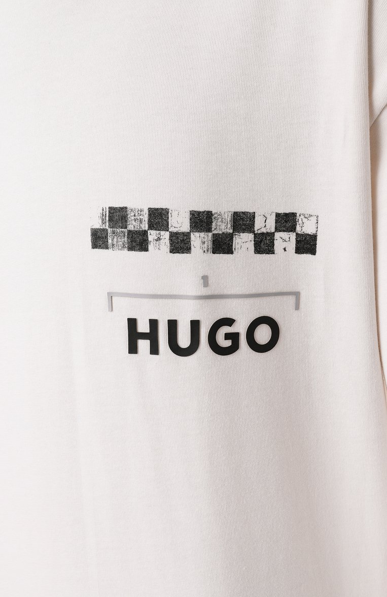 Мужская хлопковая футболка HUGO белого цвета, арт. 50531758 | Фото 6 (Материал сплава: Проставлено; Длина (для топов): Стандартные; Драгоценные камни: Проставлено; Рукава: Короткие; Принт: С принтом; Стили: Спорт-шик; Материал внешний: Хлопок; Кросс-КТ: Джерси; Мужское Кросс-КТ: Футболка-одежда)