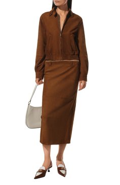 Женская замшевая юбка MIU MIU коричневого цвета, арт. MPD702-104R-F0401 | Фото 2 (Длина Ж (юбки, платья, шорты): Миди; Материал внешний: Натуральная кожа, Замша; Стили: Гламурный; Женское Кросс-КТ: Юбка-одежда)