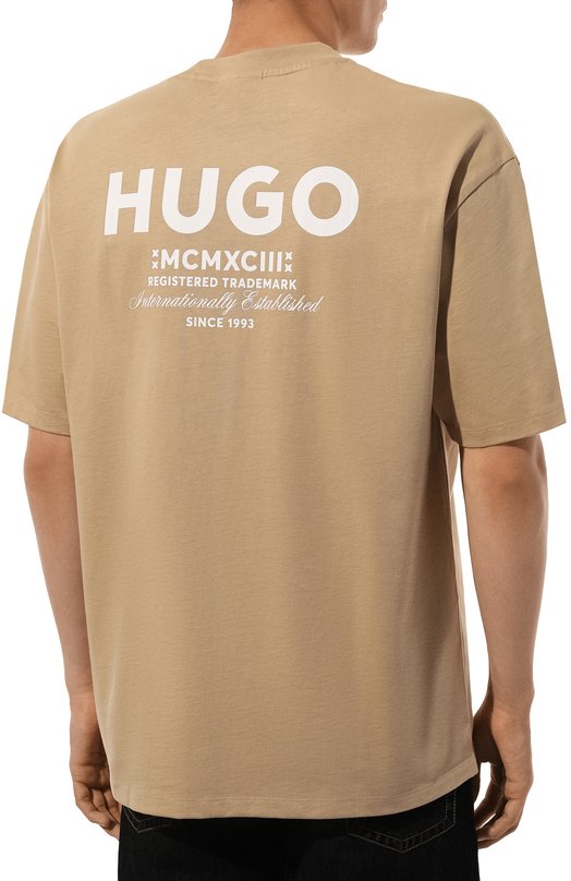 Хлопковая футболка HUGO Blue Бежевый, фото 4