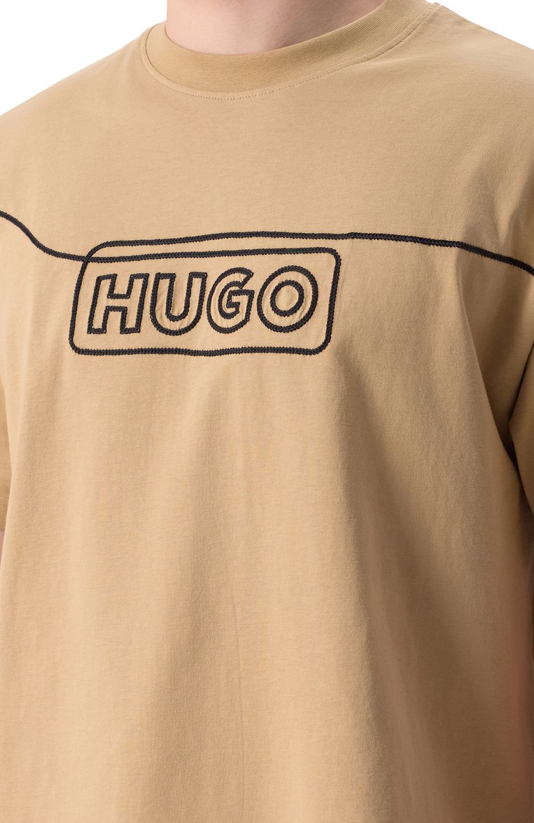 Мужская хлопковая футболка HUGO BLUE бежевого цвета, арт. 50530341 | Фото 5 (Рукава: Короткие; Длина (для топов): Удлине�нные; Материал внешний: Хлопок; Принт: Без принта; Стили: Кэжуэл; Мужское Кросс-КТ: Футболка-одежда; Кросс-КТ: Джерси; Детали: Декор; Автоматизация состава: Проставлено; Автоматизация ТО: Проставлено)