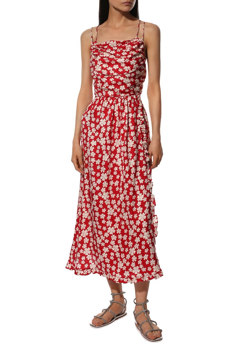 Женское шелковое платье MIU MIU красного цвета, арт. MF4509-10LD-F057S | Фото 3 (Длина Ж (юбки, платья, шорты): Миди; Материал внешний: Шелк; Стили: Романтичный; Случай: Повседневный; Женское Кросс-КТ: Платье-одежда, Сарафаны; Материал сплава: Проставлено; Драгоценные камни: Проставлено; Нос: Не проставлено; Региональные ограничения белый список (Axapta Mercury): Не проставлено; Рукава: На бретелях)