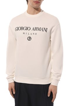 Мужской хлопковый свитшот GIORGIO ARMANI белого цвета, арт. 3RSM67/SJPHZ | Фото 3 (Рукава: Длинные; Материал внешний: Синтетический материал; Длина (для топов): Стандартные; Принт: С принтом; Мужское Кросс-КТ: свитшот-одежда; Материал сплава: Проставлено; �Драгоценные камни: Проставлено; Стили: Кэжуэл)