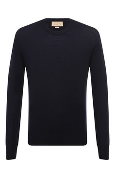 Мужской шерстяной джемпер GUCCI темно-синего цвета, арт. 763661/XKDLY | Фото 1 (Рукава: Длинные; Материал внешний: Шерсть; Длина (для топов): Стандартные; Вырез: Круглый; Стили: Кэжуэл; Мужское Кросс-КТ: Джемперы; Принт: Без принта)