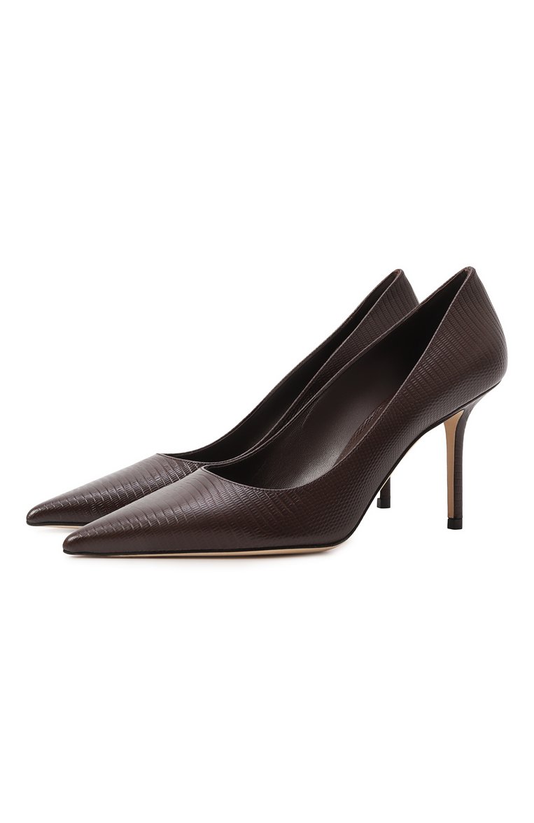 Женские кожаные туфли love 85 JIMMY CHOO темно-коричневого цвета, арт. L0VE 85/PWJ | Фото 1 (Драгоценные камни: Проставлено; Подошва: Плоская; Каблук высота: Высокий; Материал сплава: Проставлено; Материал внешний: Натуральная кожа; Материал внутренний: Натуральная кожа; Каблук тип: Шпилька)