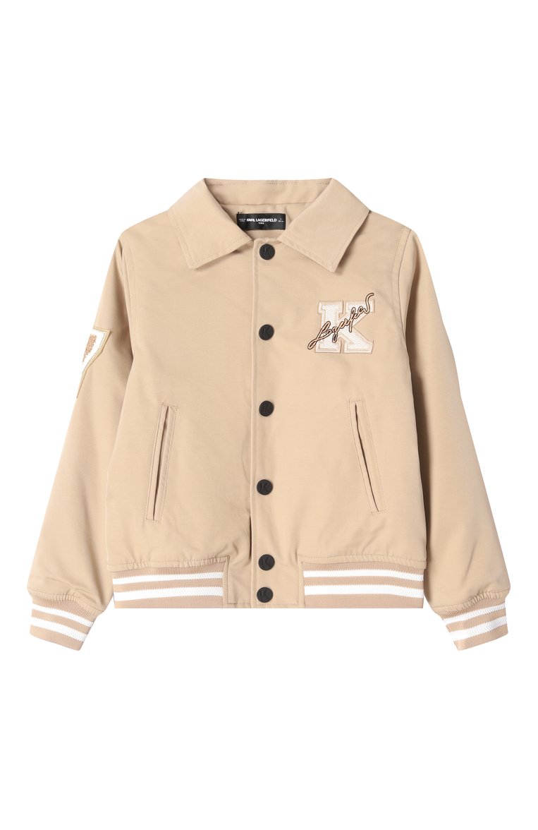 Детского утепленный бомбер KARL LAGERFELD KIDS бежевого цвета, арт. Z30568 | Фото 1 (Драгоценные камни: Проставлено; Материал сплава: Проставлено; Материал подклада: Синтетический материал; Рукава: Длинные; Кросс-КТ: Демисезон, бомбер; Материал внешний: Синтетический материал; Ростовка одежда: 7 лет | 122 см, 13 - 15 лет | 158 см, 16 лет | 164 см, 12 лет | 152 см, 9 лет | 134 см)