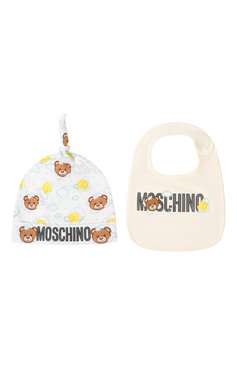 Детский комплект из шапки и нагрудника MOSCHINO кремвого цвета, арт. MUY04B/LAB46 | Фото 1 (Материал: Текстиль, Хлопок; Материал сплава: Проставлено; Нос: Не проставлено)