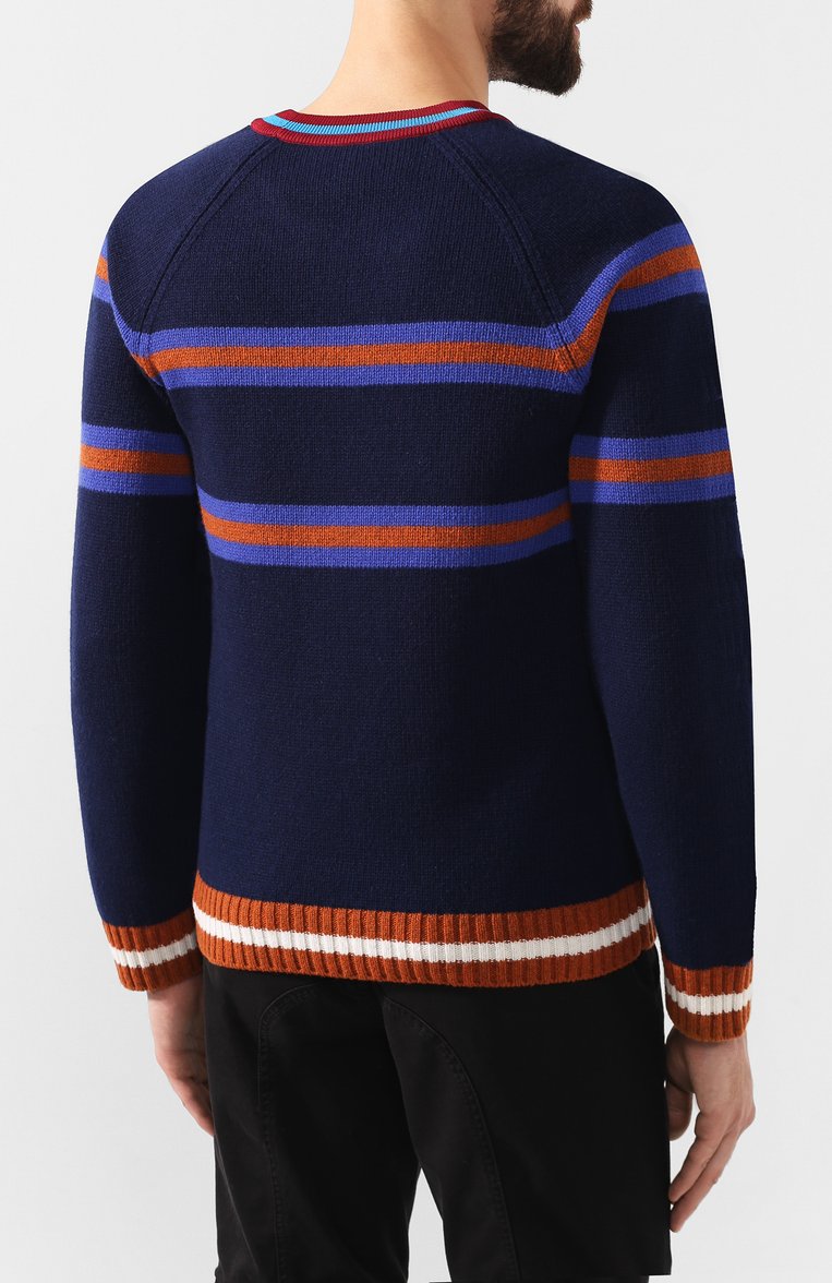 Мужской шерстяной джемпер KENZO темно-синего цвета, арт. F965PU2283DI | Фото 4 (Мужское Кросс-КТ: Джемперы; Материал внешний: Шерсть; Длина (для топов): Стандартные; Рукава: Длинные; Рукава от горловины: Длинные; Статус проверки: Проверено, Проверена категория; Вырез: Круглый; Принт: С принтом; Стили: Кэжуэл)