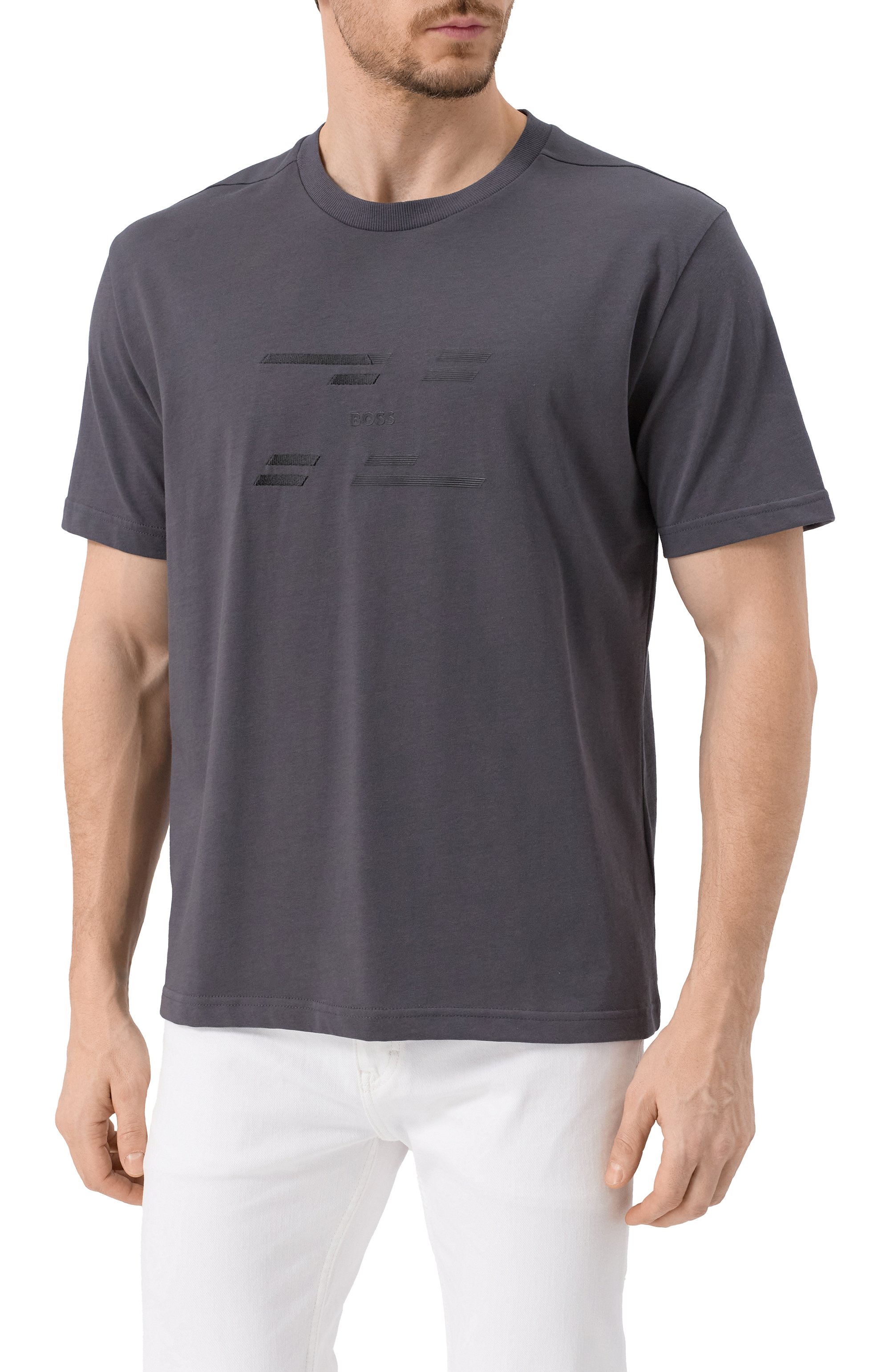 Хлопковая футболка BOSS GREEN темно-серого цвета по цене 13450 руб., арт. 50530997, фото 3 Хлопковая футболка BOSS GREEN, арт. 50530997, фото 3
