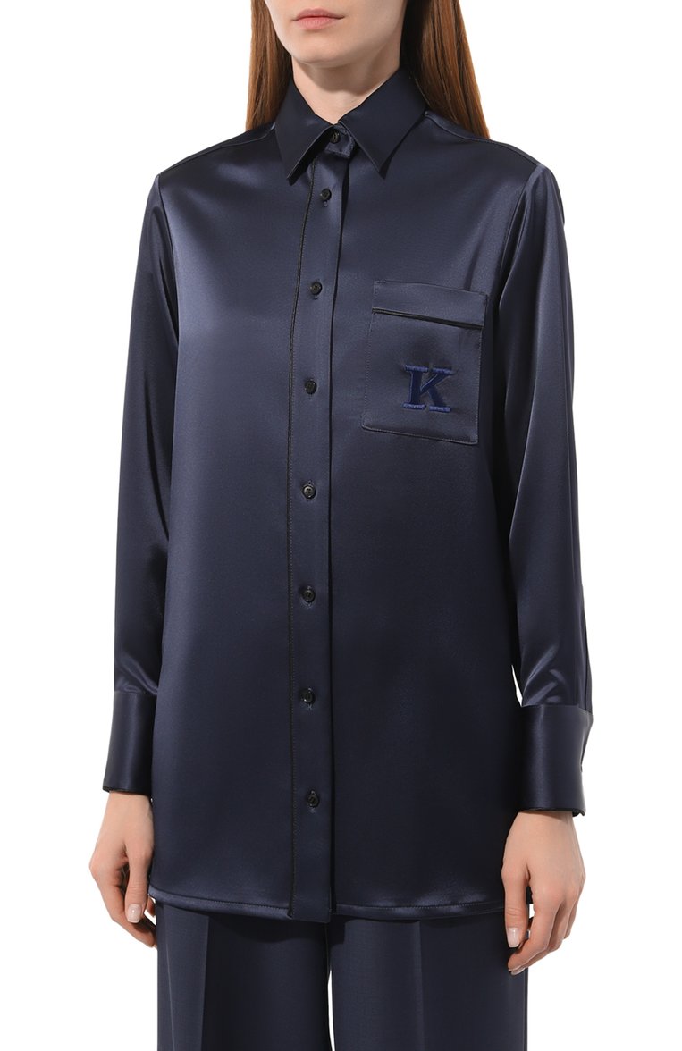 Женская атласная блузка KITON синего цвета, арт. D52446K04S46 | Фото 3 (Материал внешний: Синтетический материал; Длина (для топов): Удлиненные; Рукава: Длинные; Принт: Без принта; Женское Кросс-КТ: Блуза-одежда; Стили: Кэжуэл; Автоматизация ТО: Проставлено; Детали: Декор; Автоматизация состава: Проставлено)