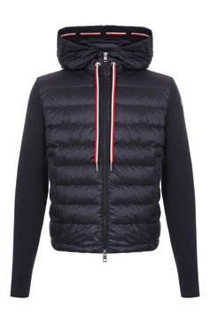 Мужской комбинированный кардиган MONCLER темно-синего цвета, арт. 9B00005/M1367 | Фото 1 (Рукава: Длинные; Длина (для топов): Ст�андартные; Материал внешний: Хлопок; Стили: Кэжуэл; Мужское Кросс-КТ: Кардиган-одежда; Застежка: Молния; Материал утеплителя: Пух и перо)