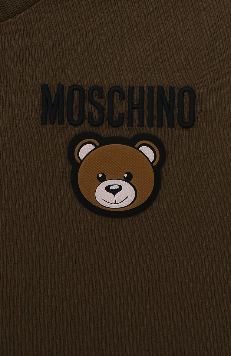 Детская хлопковая футболка MOSCHINO хаки цвета, арт. HZM03U/LAA01/10A-14A | Фото 3 (Материал внешний: Хлопок; Рукава: Короткие; Драгоценные камни: Проставлено; Материал сплава: Проставлено; Мальчики Кросс-КТ: Футболка-одежда)