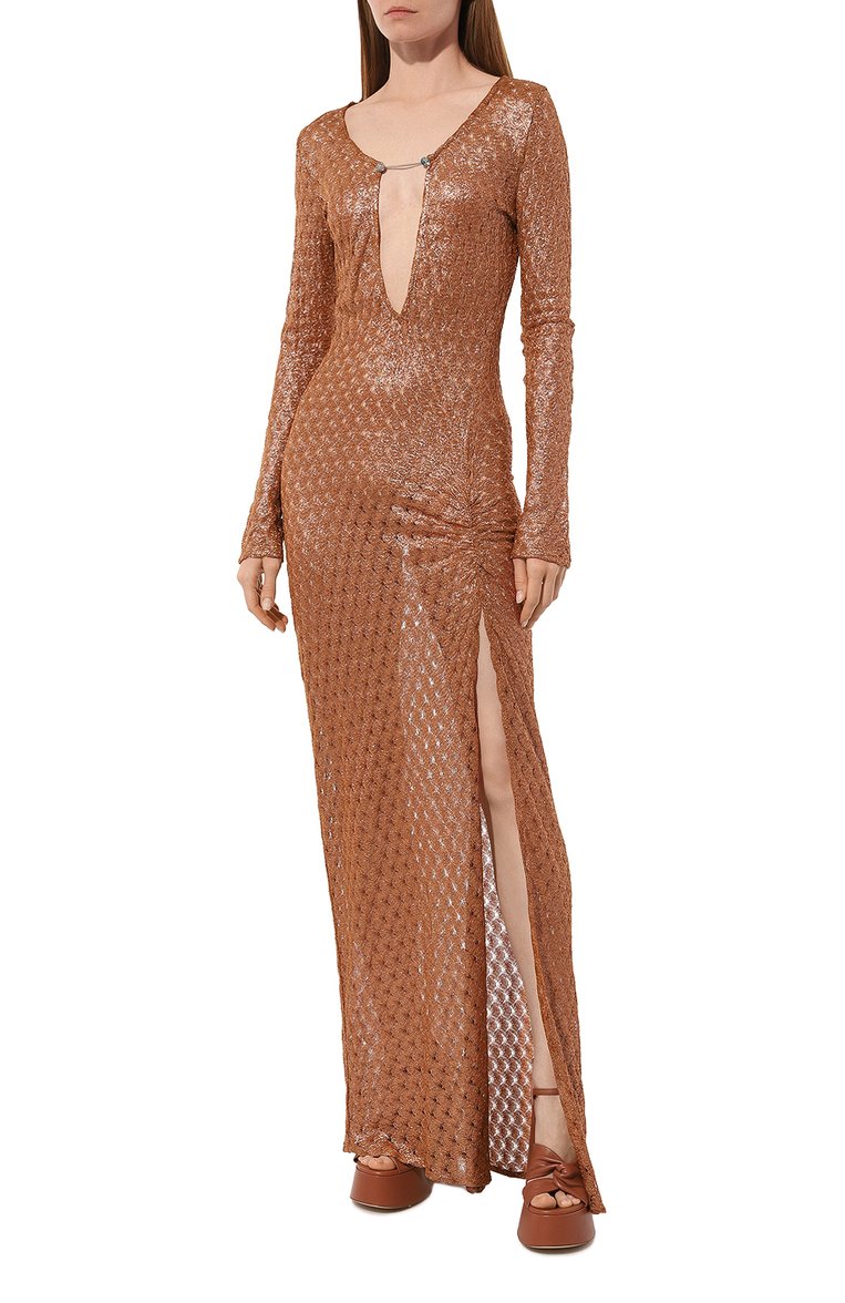 Женское платье из вискозы MISSONI бронзового цвета, арт. MS24SQ01/BR00TC | Фото 3 (Длина Ж (юбки, платья, шорты): Макси; Материал внешний: Вискоза; Случай: Повседневный; Женское Кросс-КТ: Платье-пляжная одежда, Платье-одежда; Стили: Кэжуэл; Рукава: Длинные)
