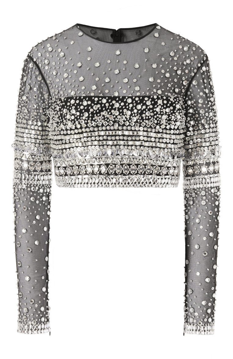 Женский топ с отделкой стразами ZUHAIR MURAD черного цвета, арт. RTP25044/EMSQ001 | Фото 1 (Рукава: Длинные; Длина (для топов): Стандартные; Стили: Гламурный; Кросс-КТ: костюм; Материал внешний: Синтетический материал)