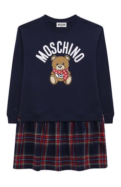 Детское хлопковое платье MOSCHINO синего цвета, арт. HDV0DM/LDA53/10A-14A | Фото 1 (Рукава: Длинные; Случай: Повседневный; Материал сплава: Проставлено; Материал внешний: Хлопок; Драгоценные камни: Проставлено)