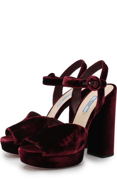 Бархатные босоножки на устойчивом каблуке и платформе PRADA, арт. 1XP39A-68-F0007-B130, фото 1