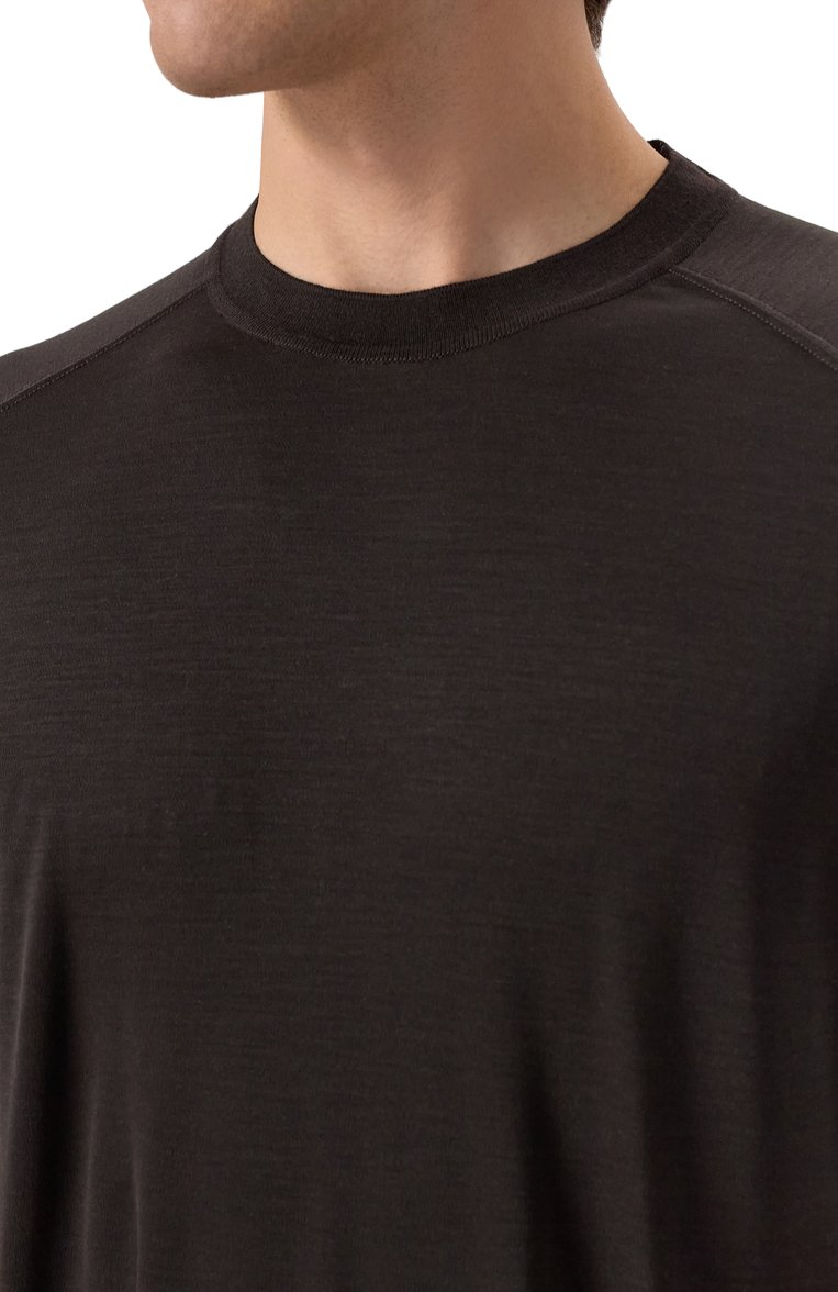 Мужская шерстяная футболка ZEGNA темно-кор�ичневого цвета, арт. FCT706/UF328A9 | Фото 5 (Длина (для топов): Стандартные; Рукава: Короткие; Материал внешний: Шерсть; Принт: Без принта; Мужское Кросс-КТ: Футболка-одежда; Стили: Кэжуэл; Автоматизация ТО: Проставлено; Автоматизация состава: Проставлено; Детали: Без декора)